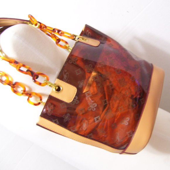 No Brand Label Handbags - Fashion Handbag See Thru Tortoise and Tortoise Handles Leather Tan Trim NWOT